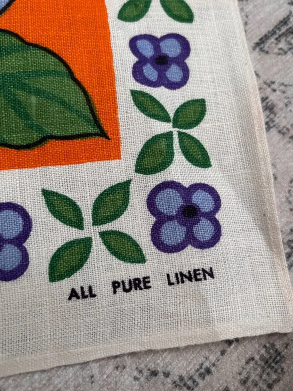 Vintage Irish Pure Linen Tea Towel Floral Design By Lamont Orange & Blue Fast Co